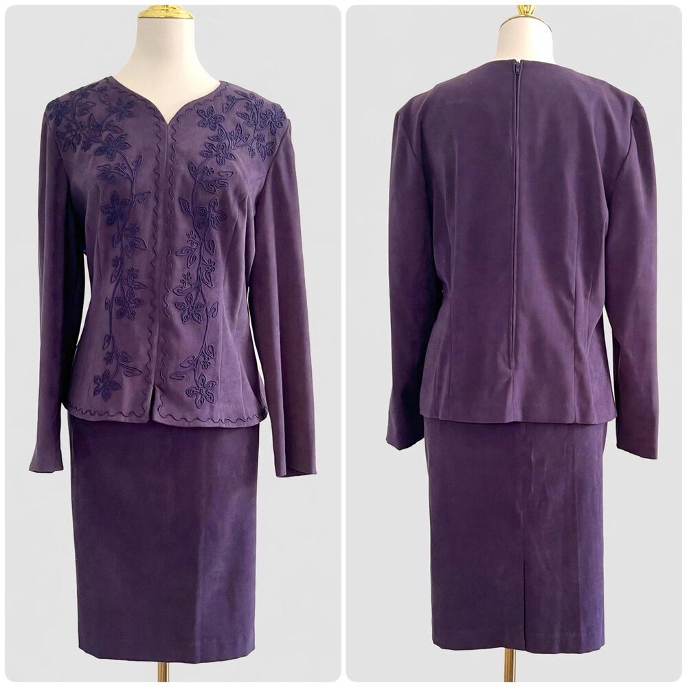 Vintage Jaclyn Smith Dark Purple Suede Floral Embroidered Jacket & Skirt Set 14